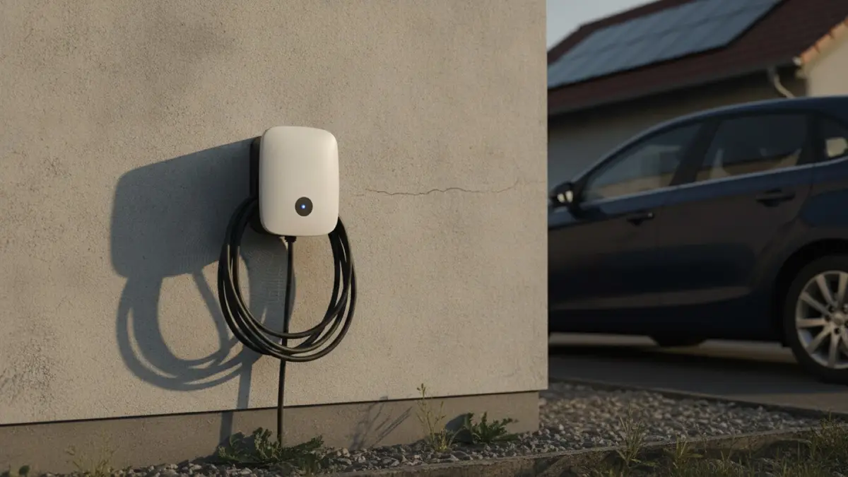 Wallbox an der Außenwand eines Hauses, im Hintergrund ein Solardach und ein geparktes Auto