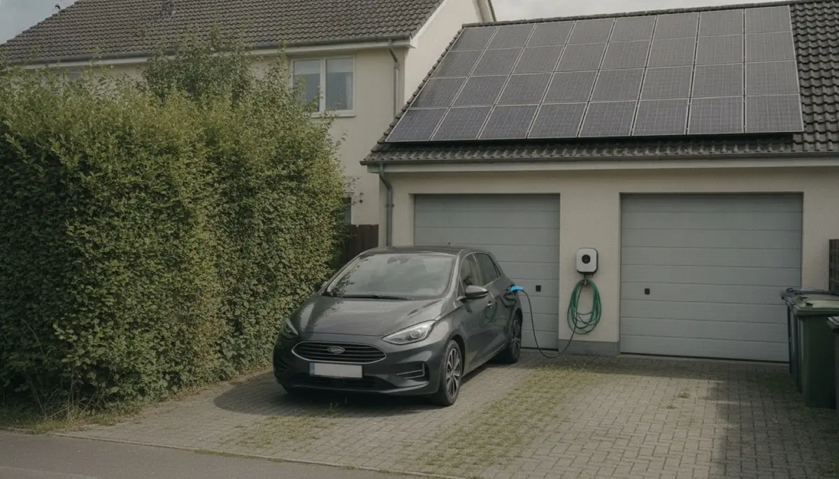 Elektroauto lädt in der Einfahrt an einer Wallbox, auf dem Garagendach liegt eine Photovoltaikanlage, KI-generiert