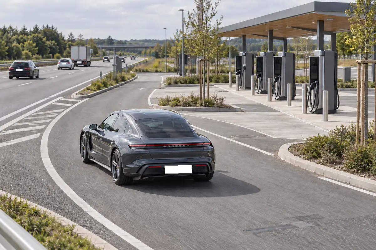 Porsche Taycan biegt an einem Autobahn-Rasthof zu Schnellladern ab, KI-generiert