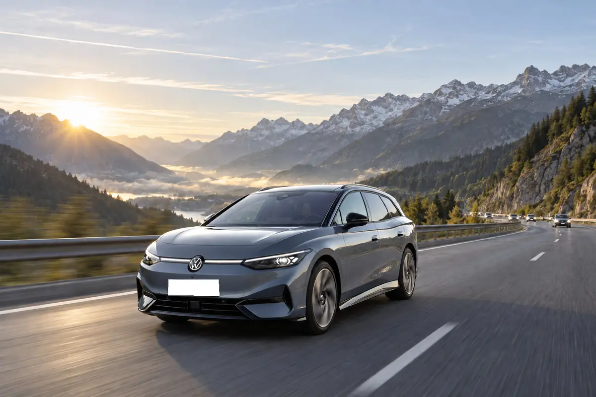 VW ID.7 Tourer fährt bei Sonnenaufgang auf einer Alpenautobahn, KI-generiert