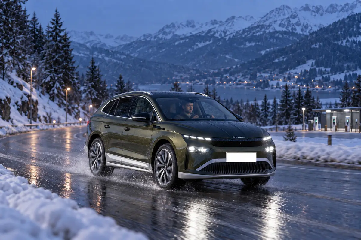 Škoda Enyaq fährt bei Winterkälte zu einem Schnellladeplatz, KI-generiert