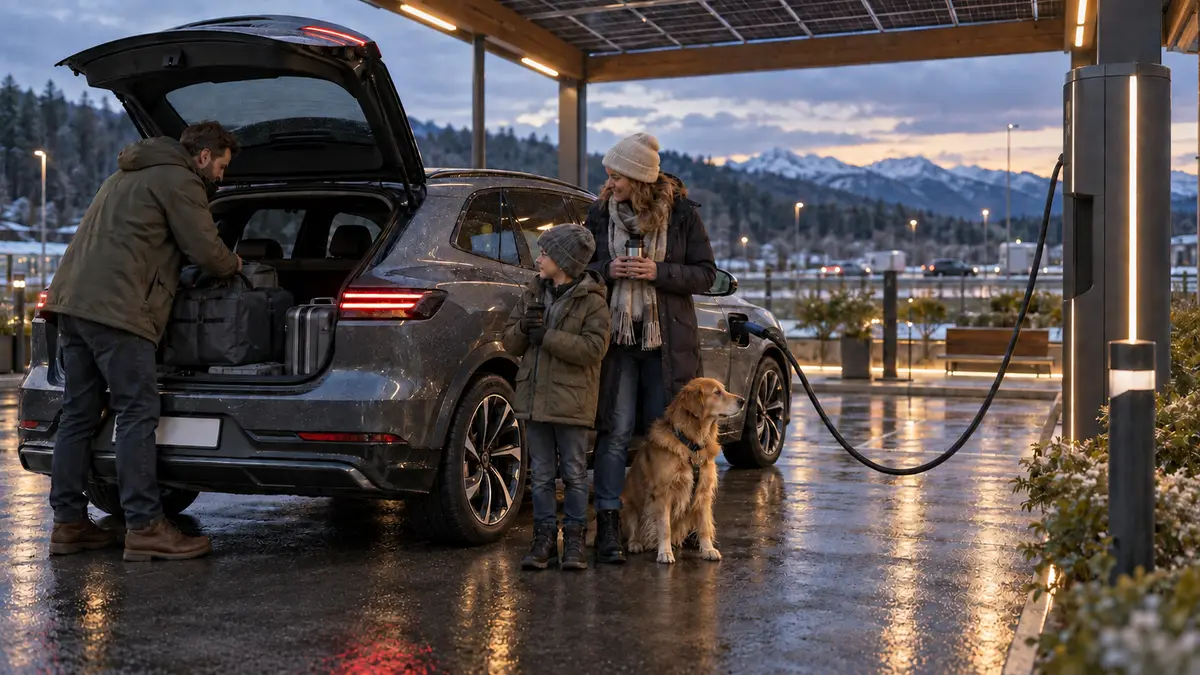Eine Familie wartet im Winter, während das Elektroauto an einer öffentlichen Ladestation lädt, KI-generiert