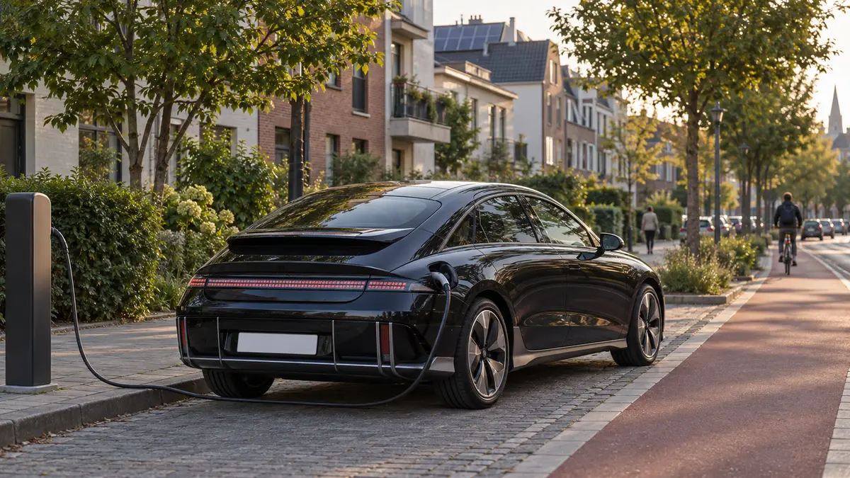 Ein Hyundai IONIQ 6 lädt an einer öffentlichen Ladesäule, KI-generiert