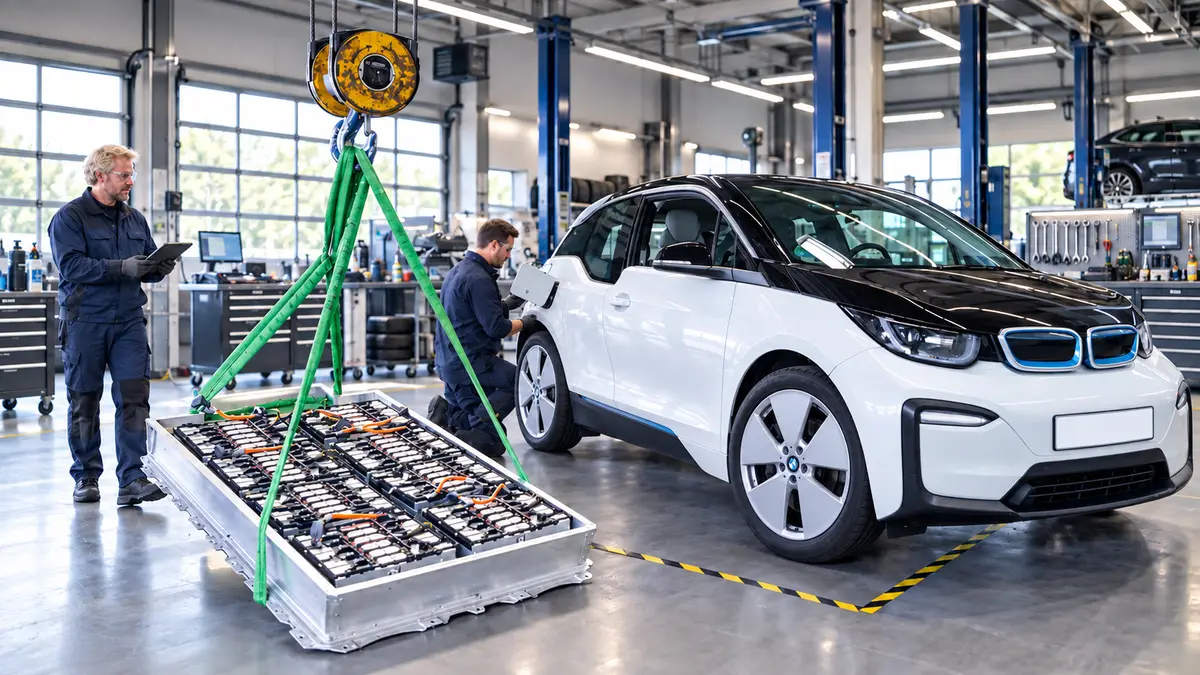 Zwei Mechaniker arbeiten an einem BMW i3, die Batterie ist ausgebaut neben dem Fahrzeug, KI-generiert