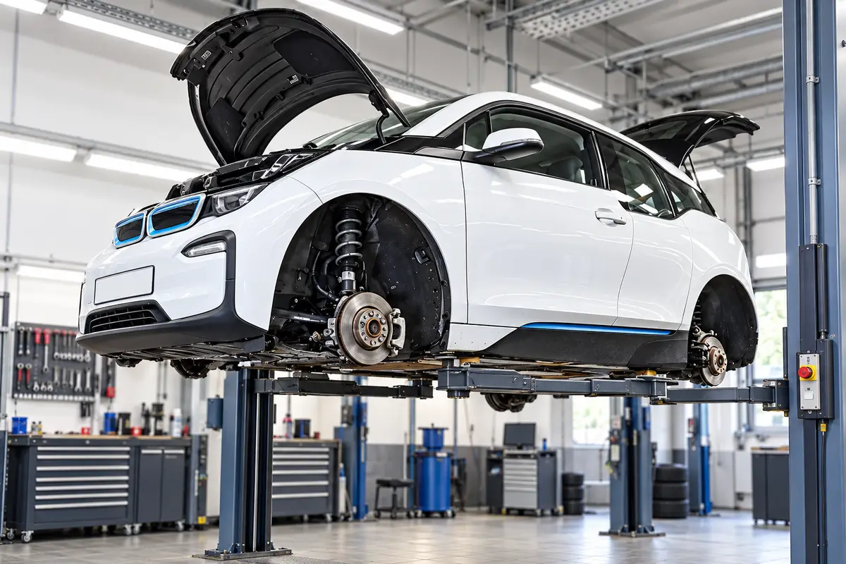 Ein BMW i3 ohne Räder auf einer Hebebühne in der Werkstatt, KI-generiert