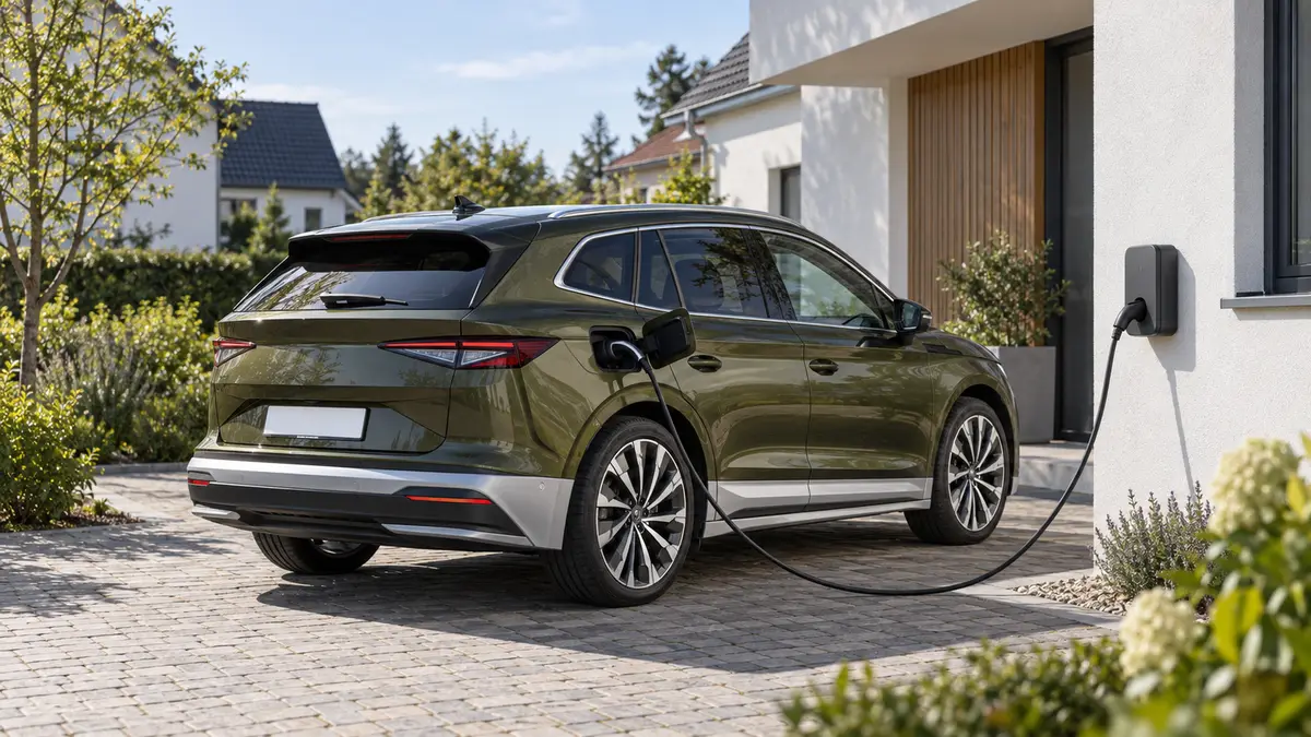 Ein Škoda Enyaq lädt an einem Einfamilienhaus, KI-generiert
