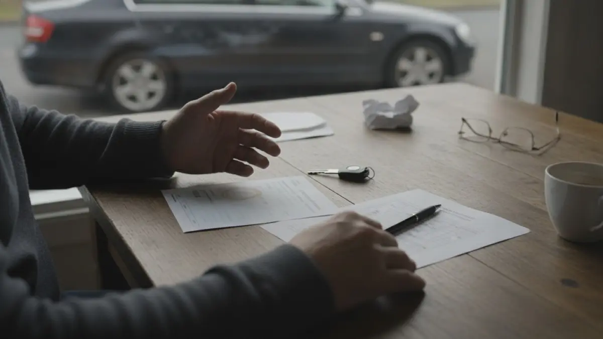 Fahrzeugpapiere und Bewertungsunterlagen auf einem Tisch, dahinter ein geparktes Auto