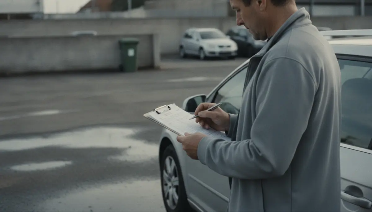 Gutachter notiert den Fahrzeugzustand auf einem Formular neben einem silbernen Kombi, KI-generiert