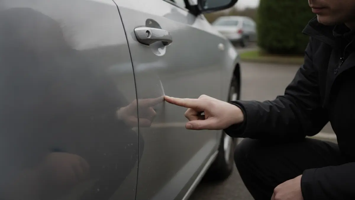 Person prüft mit dem Finger die Tiefe eines Kratzers im Lack einer Autotür