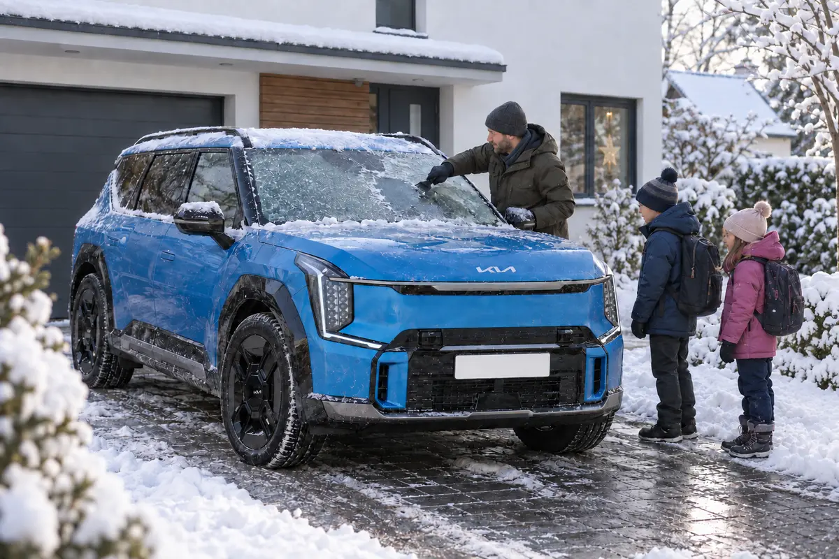 Kinder warten in einer verschneiten Einfahrt vor einem Kia EV9, während ihr Vater die Frontscheibe freikratzt. KI-generiert.