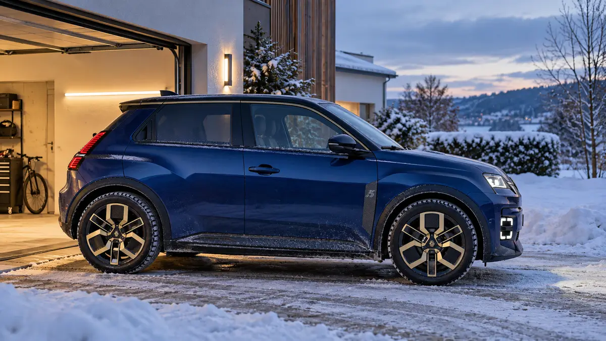 Ein Renault 5 E-Tech steht vor einer Garage in einer verschneiten Winterlandschaft am kalten Morgen. KI-generiert.