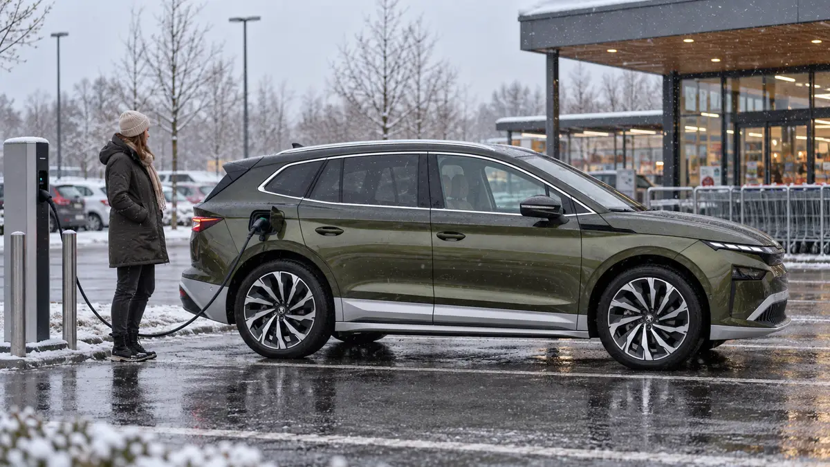 Eine winterlich gekleidete Frau wartet an einem Škoda Enyaq  an einem Ladepunkt auf einem verschneiten Supermarktparkplatz. KI-generiert