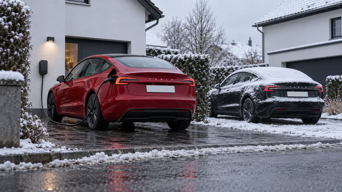 Ein rotes Tesla Model 3 lädt  an einer Wallbox, während ein schwarzes Tesla Model 3 in der benachbarten Einfahrt mit Schnee bedeckt ist. KI-generiert