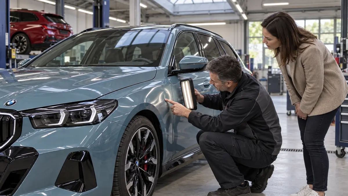 Vor der Leasingrückgabe begutachten zwei Personen eine Delle am Kotflügel eines BMW i5 Touring, um den möglichen Minderwert des Fahrzeugs einzuschätzen. KI-generiert.