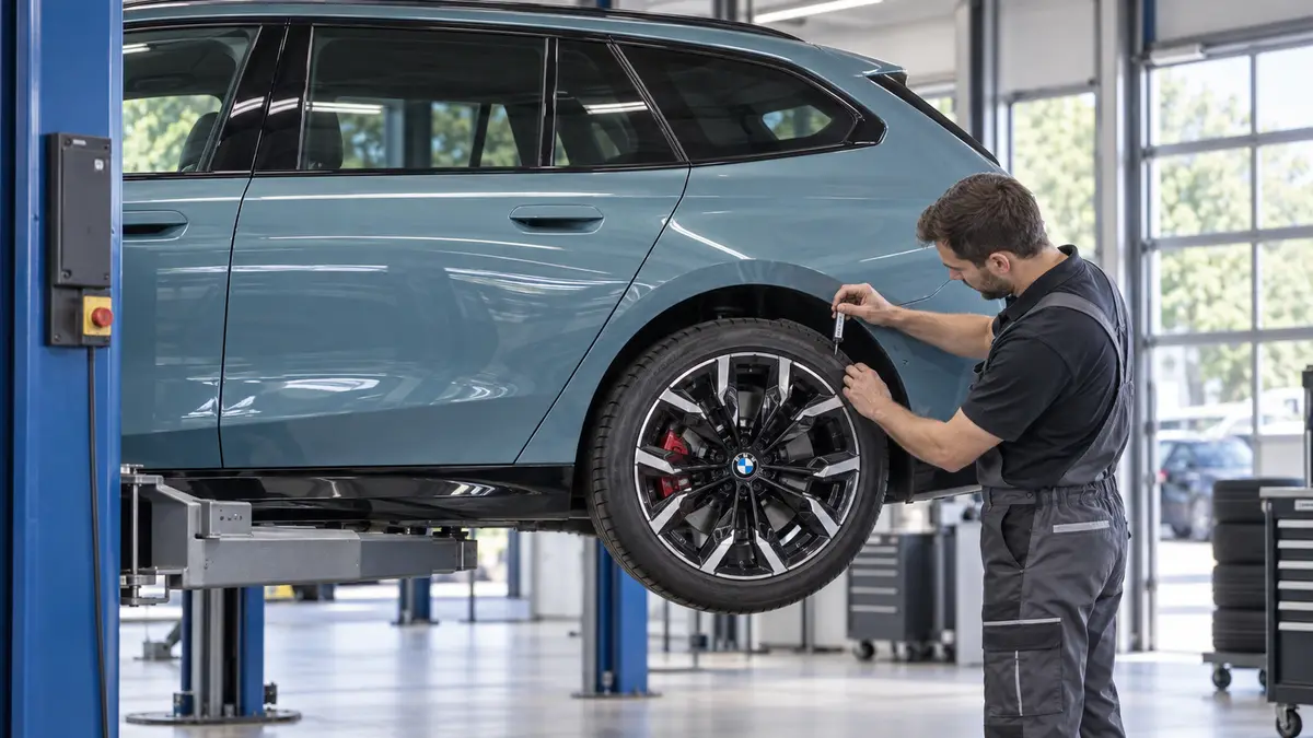 Ein Mechaniker misst auf einer Hebebühne die Reifenprofiltiefe eines BMW i5 Touring, die bei der Leasingrückgabe ebenfalls geprüft werden kann. KI-generiert.