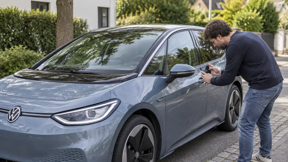 Ein Fahrzeughalter dokumentiert vor der Leasingrückgabe einen langen Kratzer an seinem Volkswagen ID.3 mit dem Smartphone. KI-generiert.