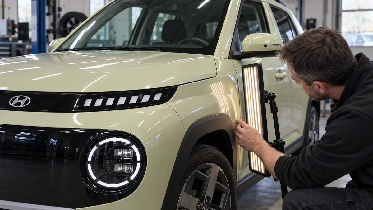 Ein Fachmann prüft eine kleine Parkdelle am Kotflügel eines Hyundai INSTER mit einer Reflexionsleuchte, bevor das Fahrzeug zurückgegeben wird. KI-generiert.