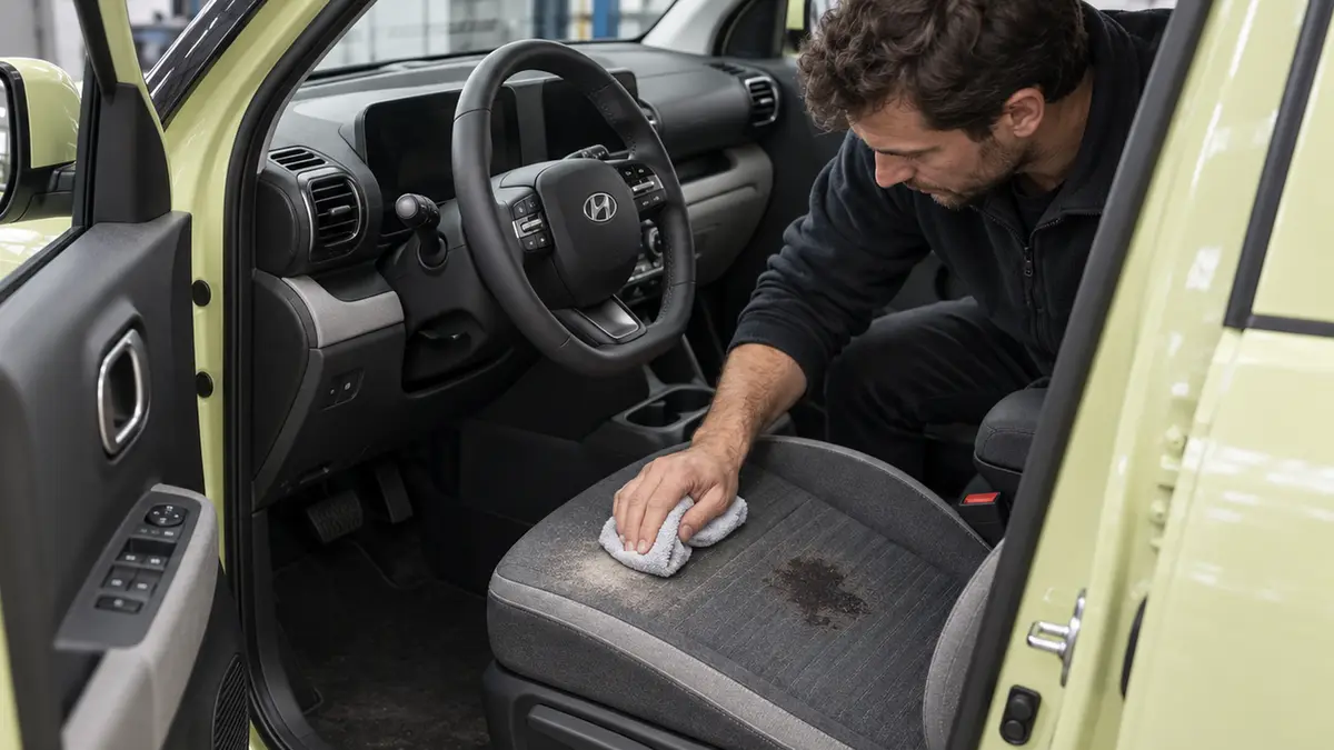 Bei der Vorbereitung auf die Leasingrückgabe reinigt ein Mann den verschmutzten Fahrersitz eines Hyundai INSTER und prüft, ob sich der große Fleck entfernen lässt. KI-generiert.
