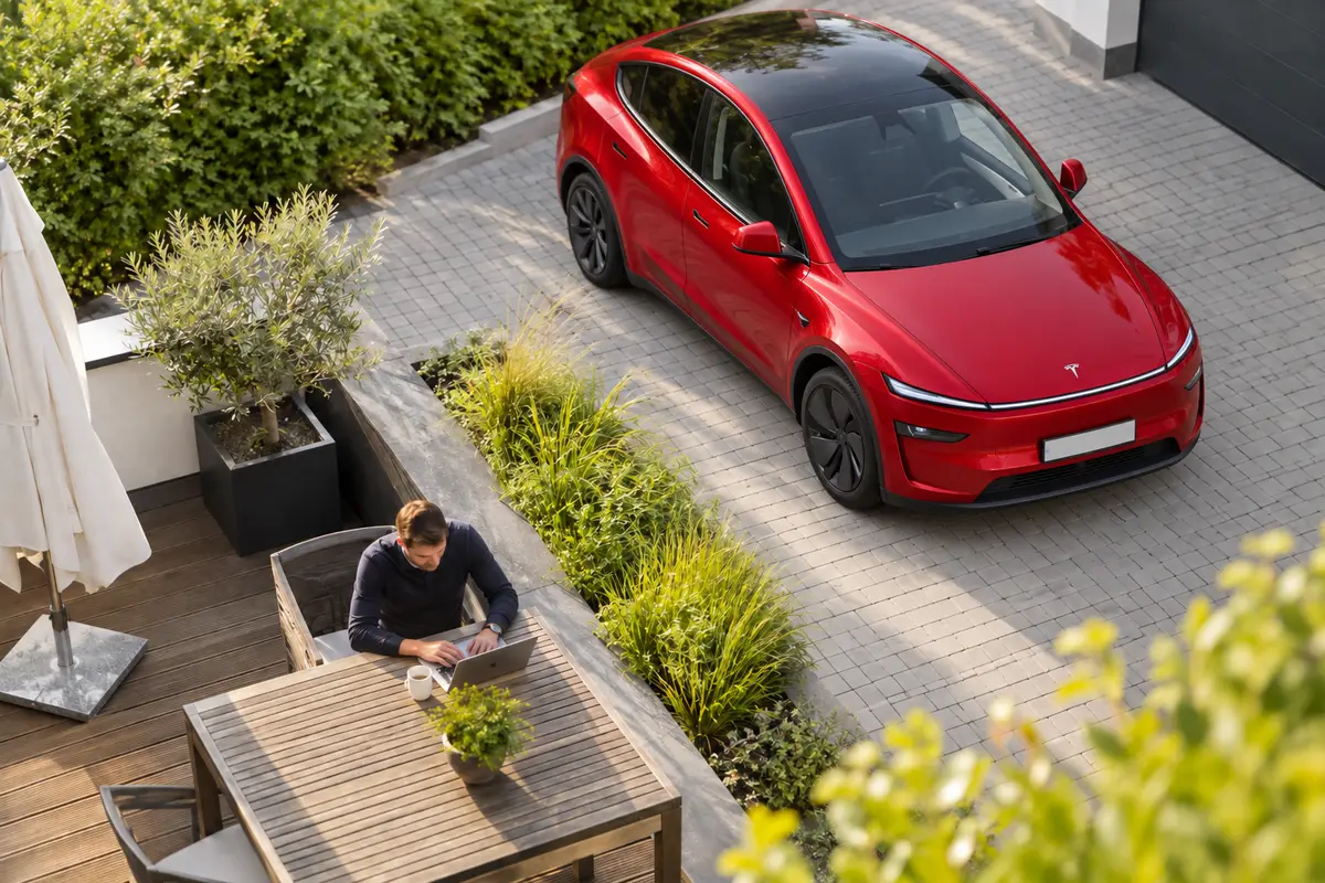 Ein Mann arbeitet am Laptop auf der Terrasse. Ein Tesla Model Y steht nebenan in der Einfahrt. KI-generiert