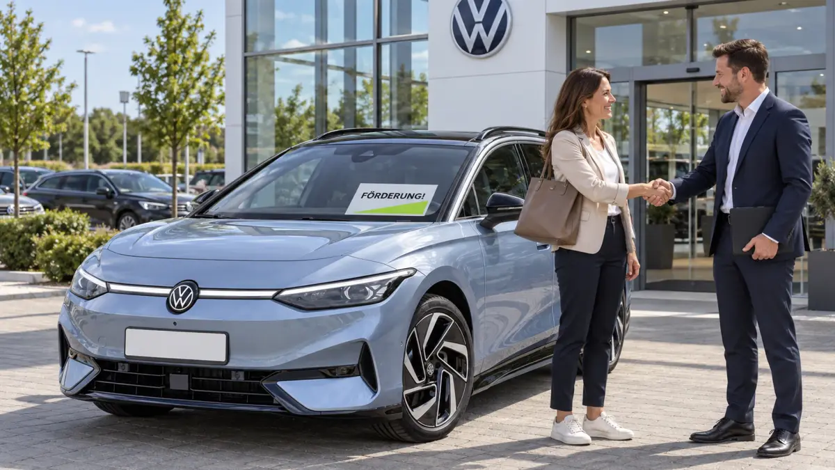 Eine Frau kauft beim Händler einen neuen VW ID.7 mit Förderversprechen. KI-generiert