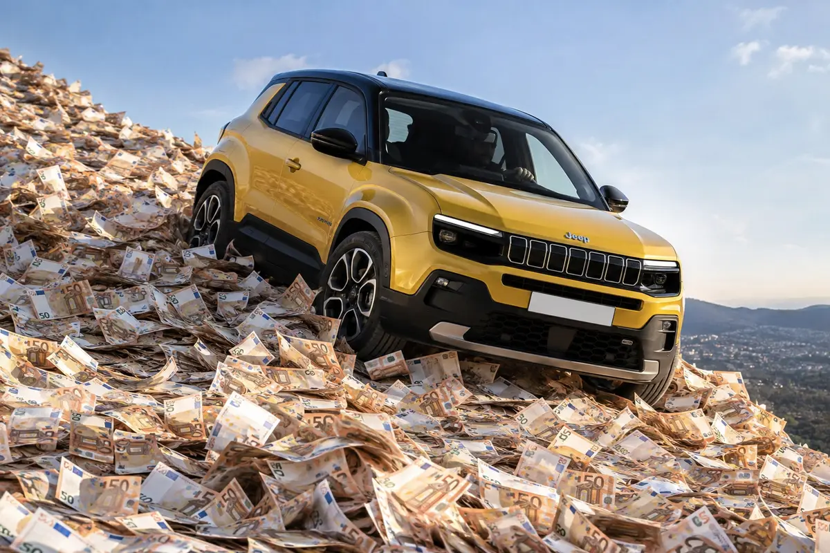 Ein Jeep Avenger fährt einen Berg aus 50-Euro Scheinen runter. KI-generiert