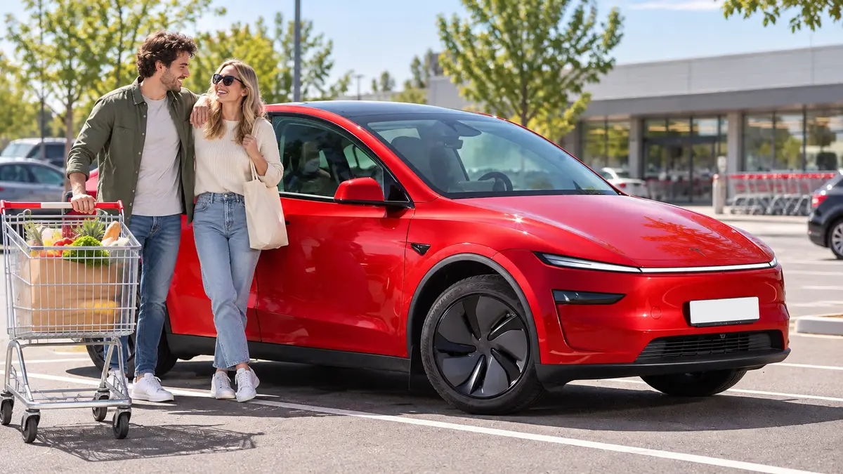 Ein junges Paar mit einem Tesla Model Y auf einem Supermarktparkplatz