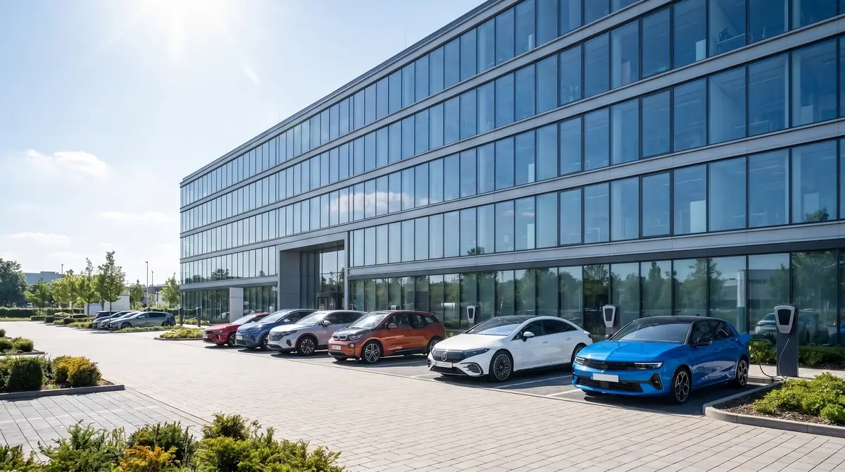 Eine Reihe Elektroautos, geparkt vor einer Firmenzentrale. KI-generiert.