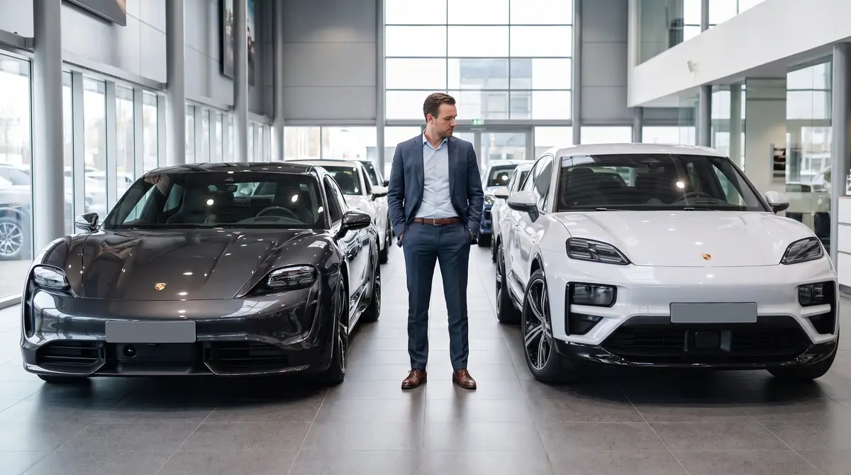 Ein Mann im Anzug steht beim Händler zwischen einem Porsche Taycan und einem Porsche Macan und muss sich entscheiden. KI-generiert.