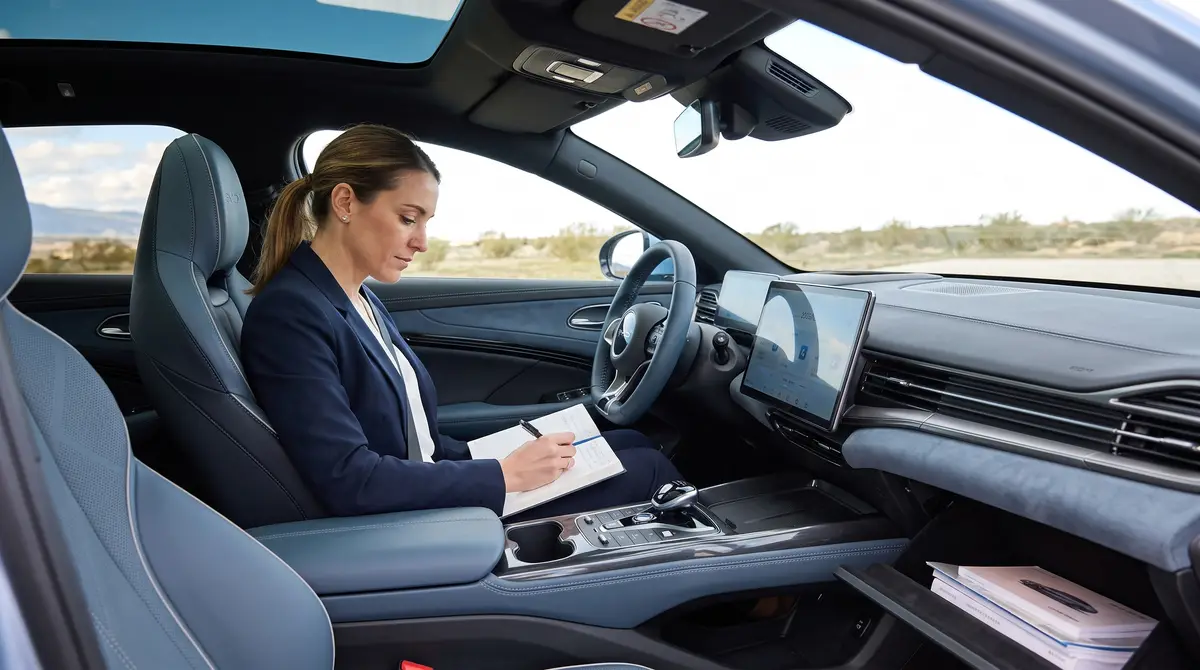 Eine Frau führt ein Fahrtenbuch. KI-generiert