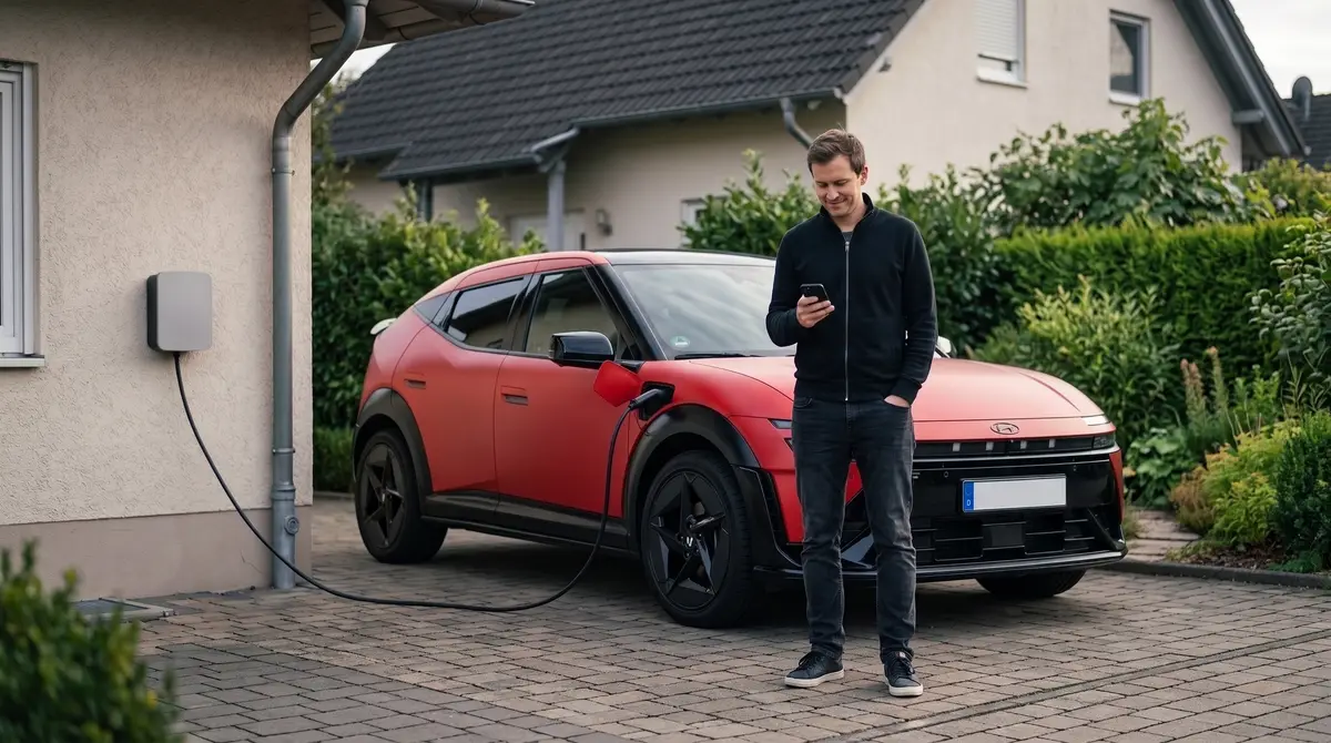 Ein Mann steht vor seinem Elektroauto und schaut zufrieden auf das Handy. KI-generiert.