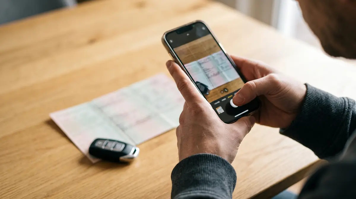 Der Fahrzeugschein wird mit dem Handy fotografiert. KI-generiert