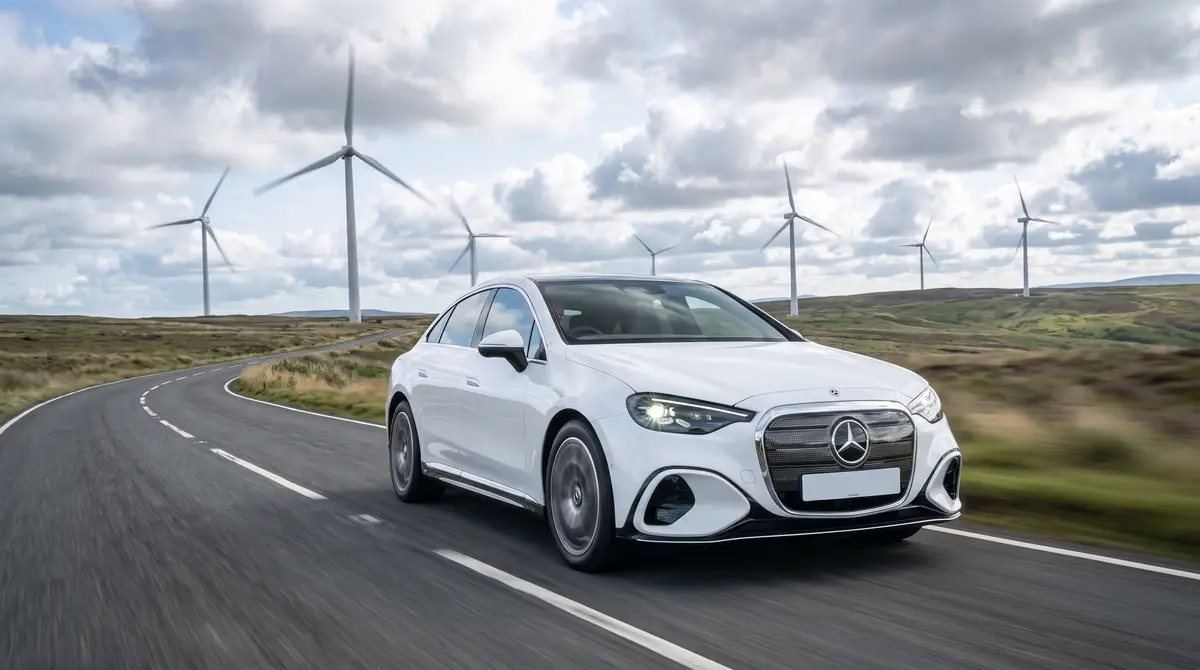 Eine elektrische Mercedes C-Klasse fährt über eine Landstraße. Im Hintergrund sind Windkraftwerke zu sehen. KI-generiert.