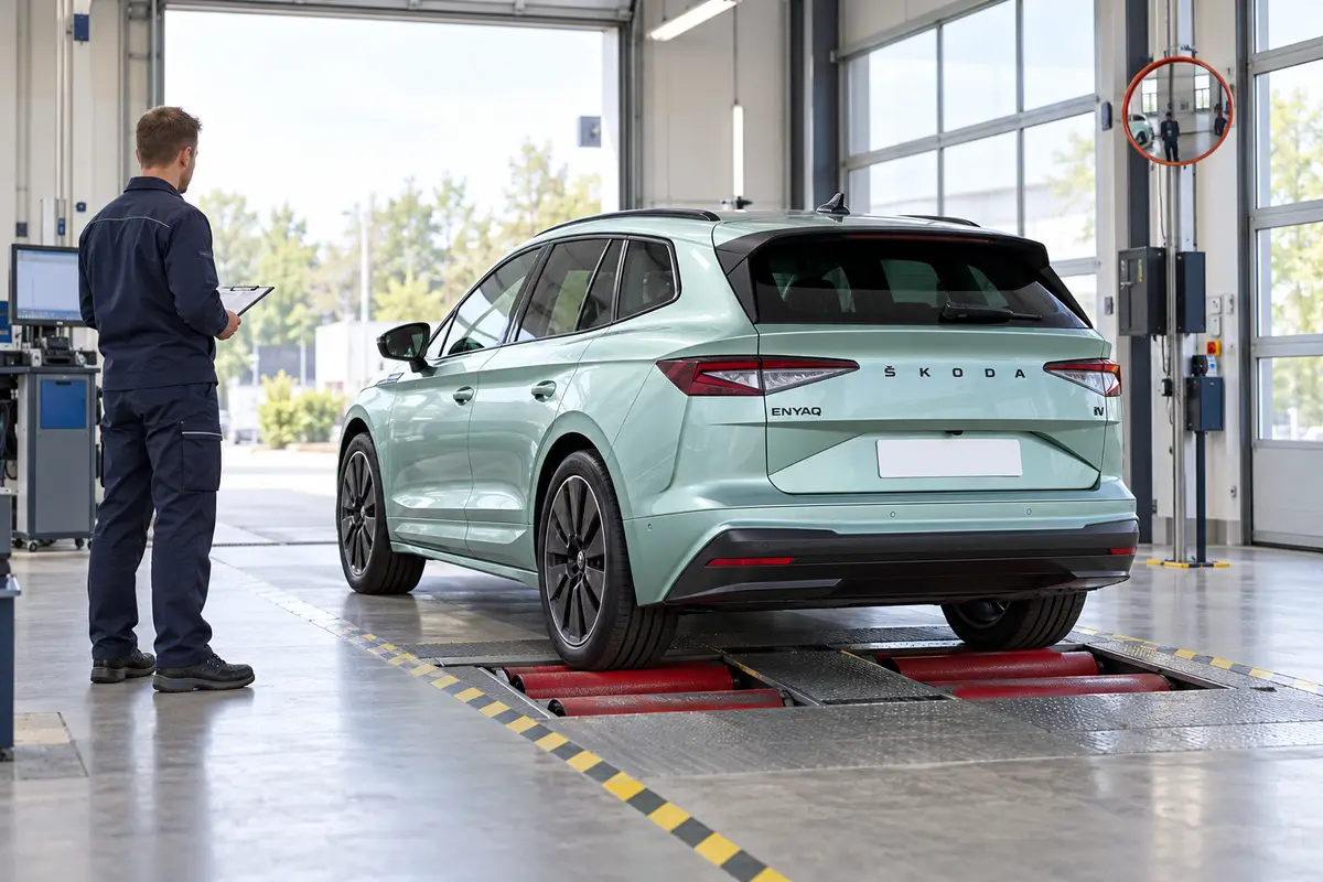 Mintgrüner Škoda Enyaq von hinten auf einem Rollenprüfstand in einer hellen Prüfhalle; links steht ein Prüfer mit Klemmbrett. KI-generiert.