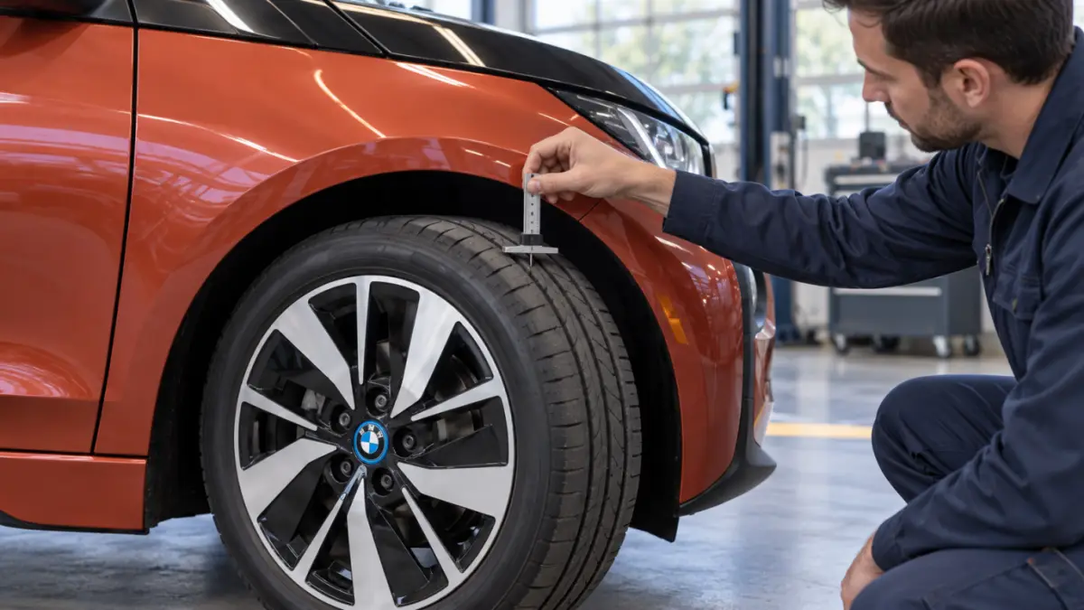Nahaufnahme des eingeschlagenen Vorderrads eines orangefarbenen BMW i3; eine Hand hält ein Profilmessgerät an die Reifenschulter. KI-generiert.