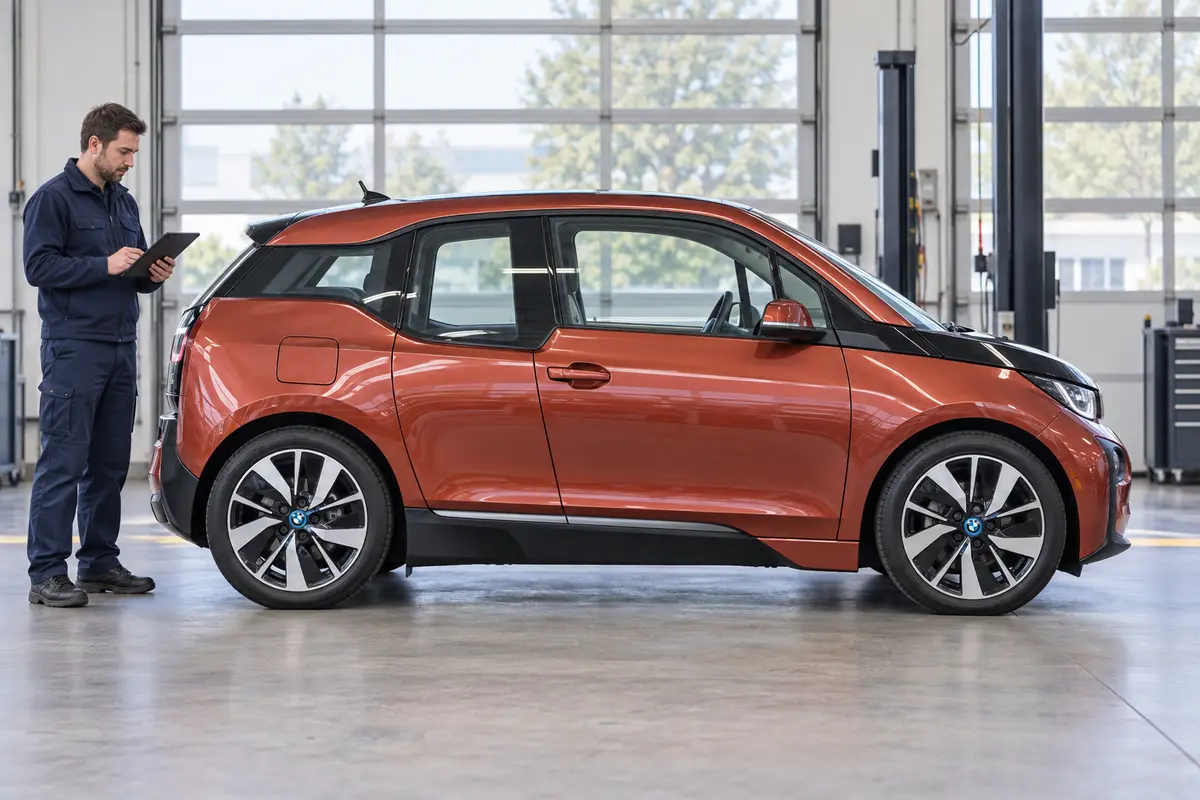 Orangefarbener BMW i3 in einer hellen Werkstatthalle; daneben bedient eine Person in dunkelblauer Arbeitskleidung ein Tablet. KI-generiert.