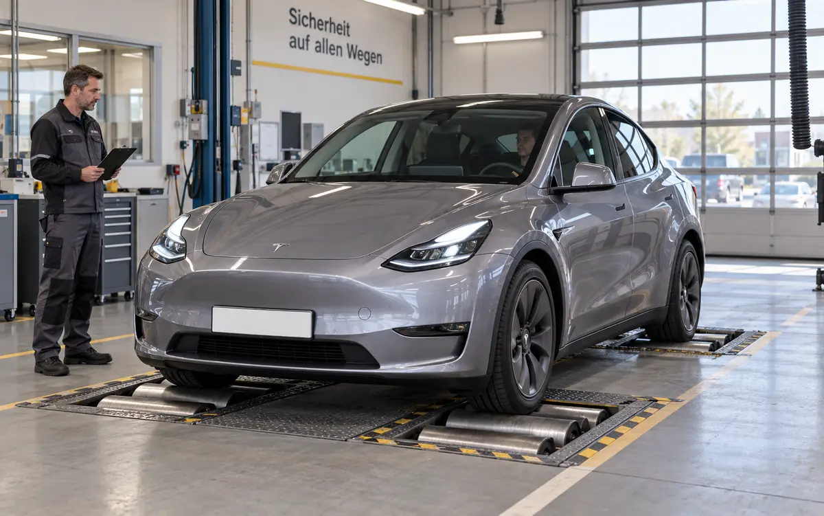 Graues Tesla Model Y mit eingeschalteten Scheinwerfern auf einem Rollenprüfstand; links steht ein Prüfer mit Klemmbrett. KI-generiert.
