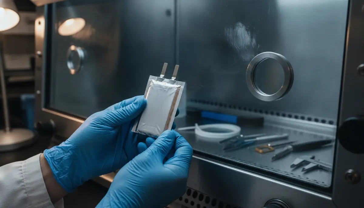 Hände in blauen Nitrilhandschuhen halten eine flache Pouch-Batteriezelle vor einer Glovebox im Batterielabor, KI-generiert