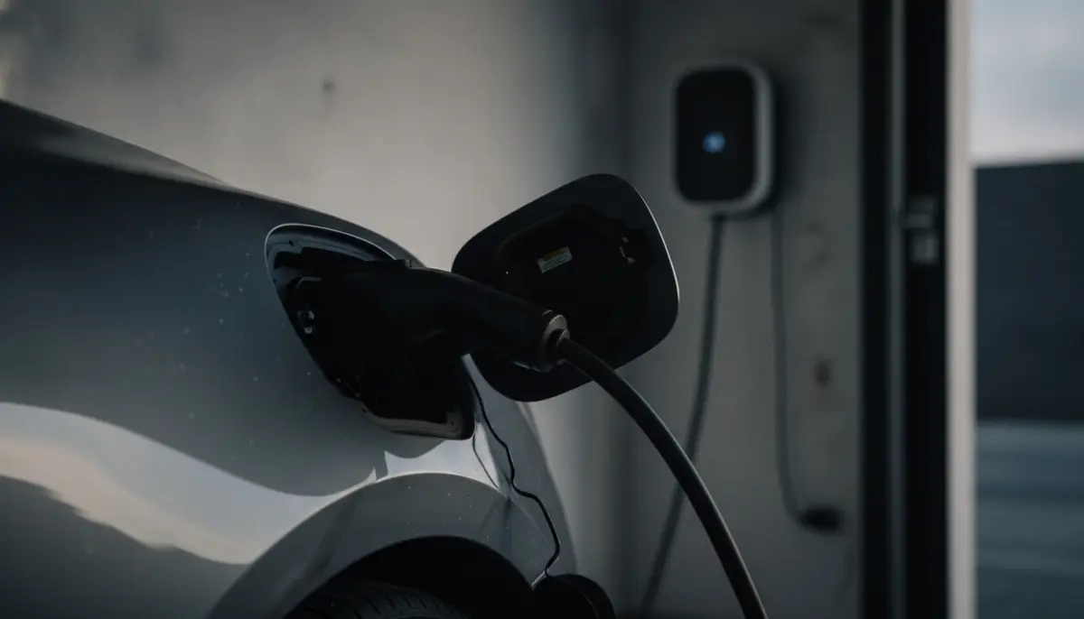 Typ-2-Ladestecker in der Ladebuchse eines grauen E-Autos, im Hintergrund eine Wallbox an der Garagenwand, KI-generiert