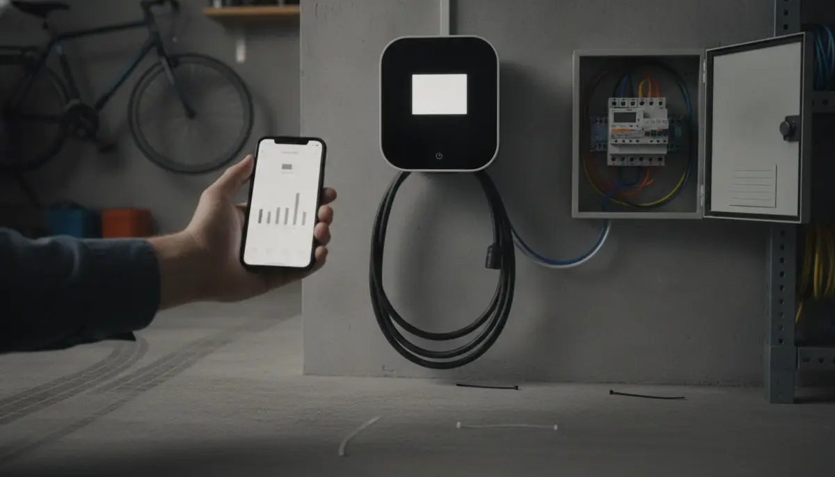 Hand hält ein Smartphone mit Lade-App vor einer Wallbox, daneben ein offener Unterverteiler mit Stromzähler, KI-generiert
