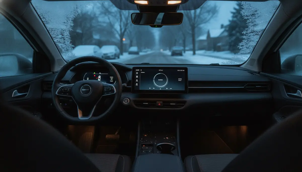 Blick vom Fahrersitz eines E-Autos an einem frostigen Wintermorgen, Eisblumen am Rand der Frontscheibe, KI-generiert