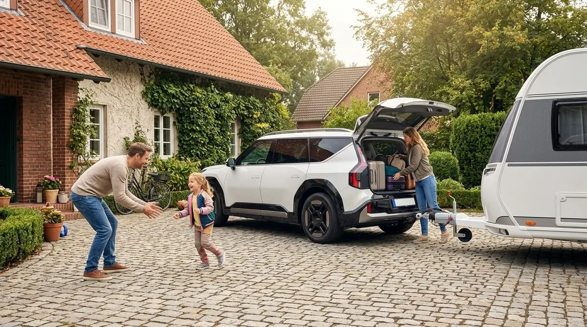 Familie mit Kia EV9 und Wohnwagen, startklar für den Urlaub. KI-generiert