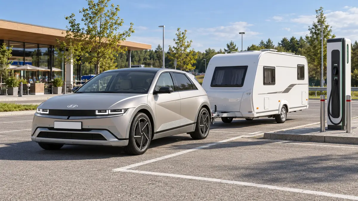 Ein Hyundai IONIQ 5 mit Wohnwagen auf einem Parkplatz mit Ladesäule. KI-generiert