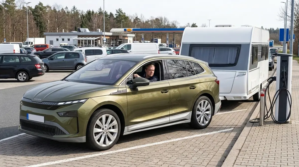Ein Škoda Enyaq mit Wohnwagen passt nicht auf einen Ladeplatz für Elektroautos. KI-generiert