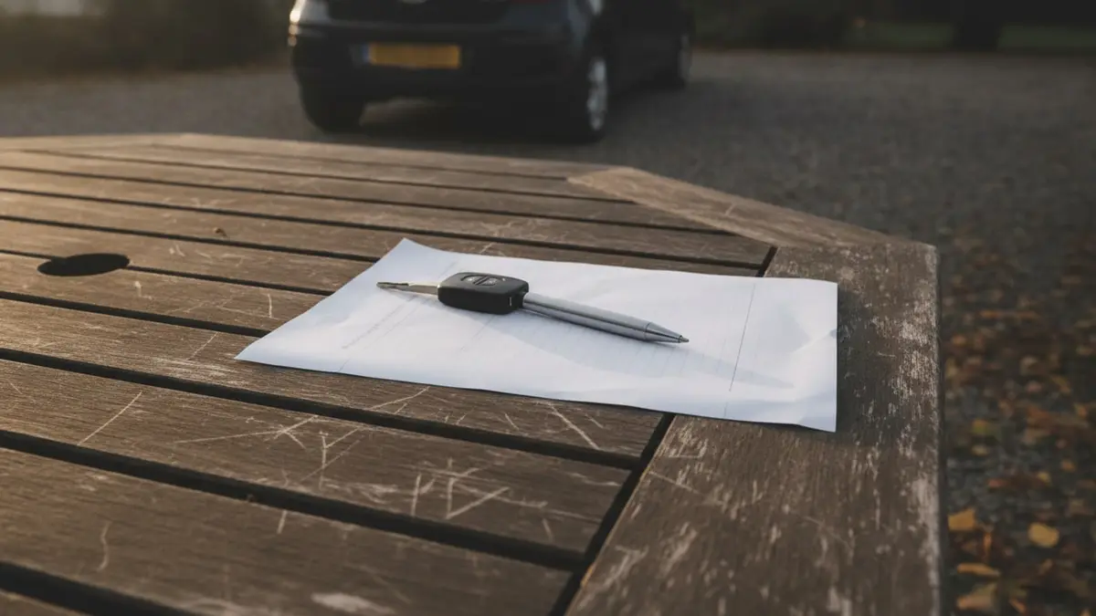 Verkaufsunterlagen, Autoschlüssel und ein Kaufvertrag auf einem Tisch vor einem geparkten Auto auf einer Kiesauffahrt. KI-generiert.