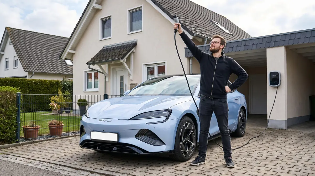 Ein Mann posiert stolz vor seinem Elektroauto, mit dem Ladekabel in der Hand. KI-generiert.