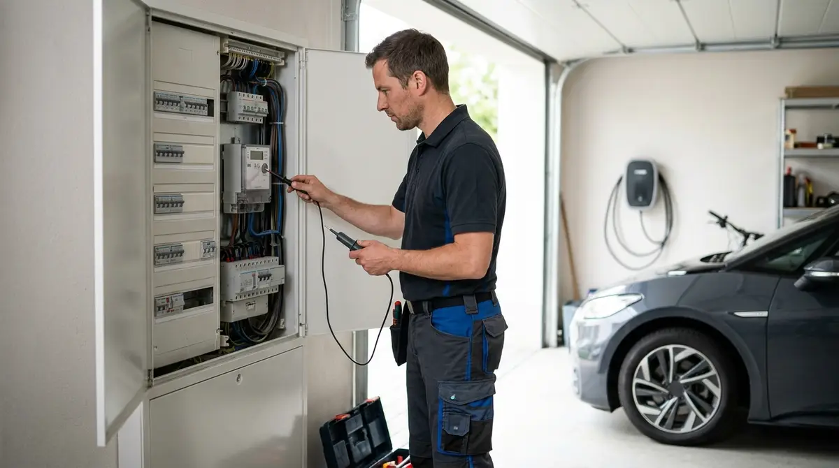 Ein Elektriker arbeitet an einem Stromkasten. KI-generiert
