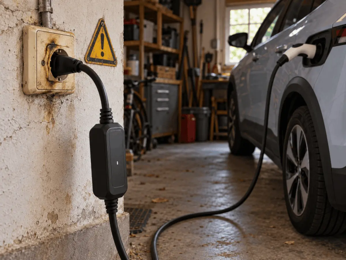 Vor allem bei alten oder schwachen Hausinstallationen birgt das Laden von E-Autos eine Brandgefahr. Symbolbild KI-generiert