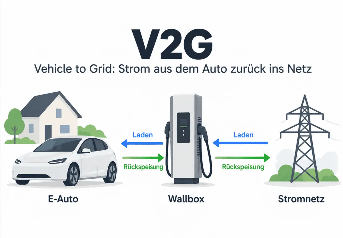 Bei V2G fließt der Strom in beide Richtungen. Grafik KI-generiert