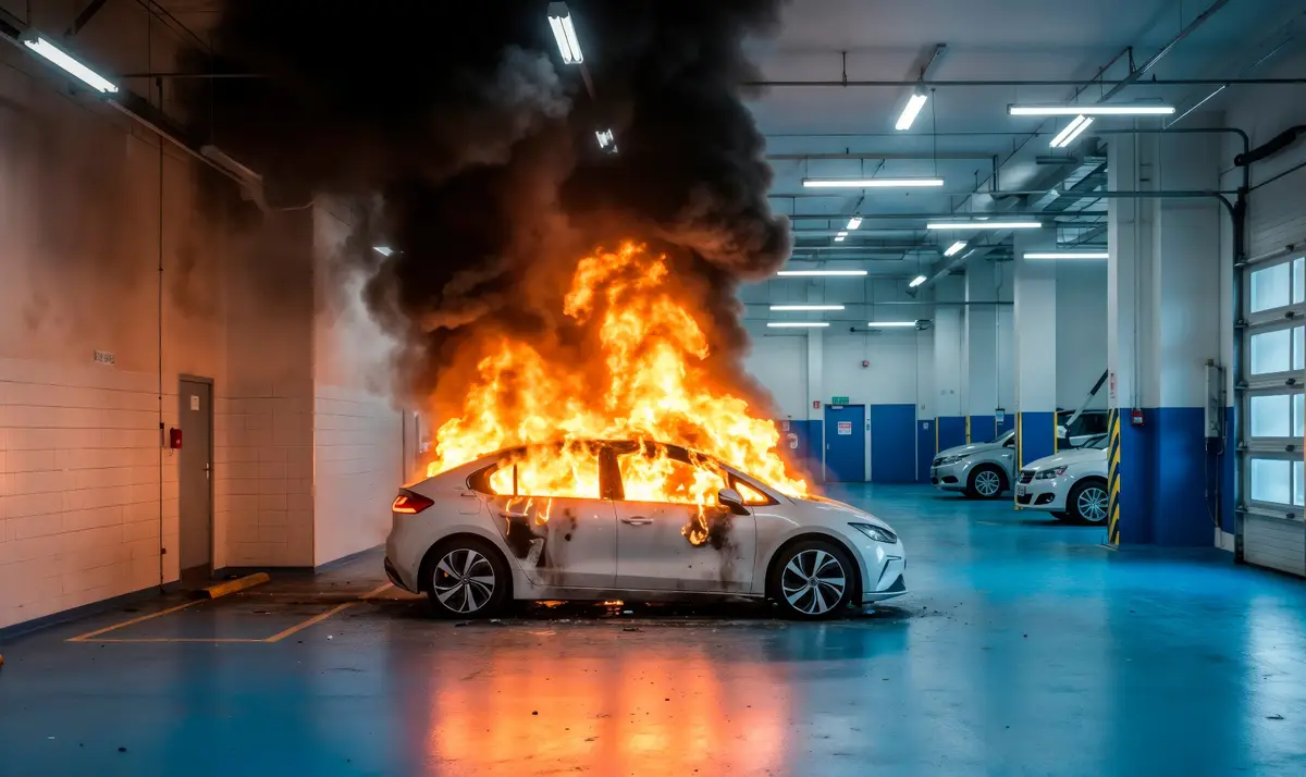 Ein brennendes Elektroauto in einer Tiefgarage. KI-generiert.