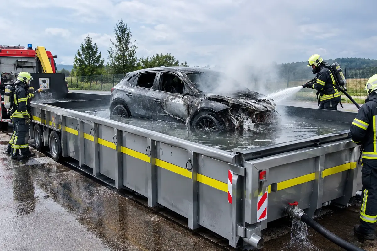Löschung eines Elektroautos im Löschcontainer. KI-generiert.